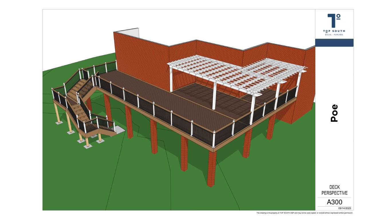 3d design of the elevated dark composite deck with white pergola