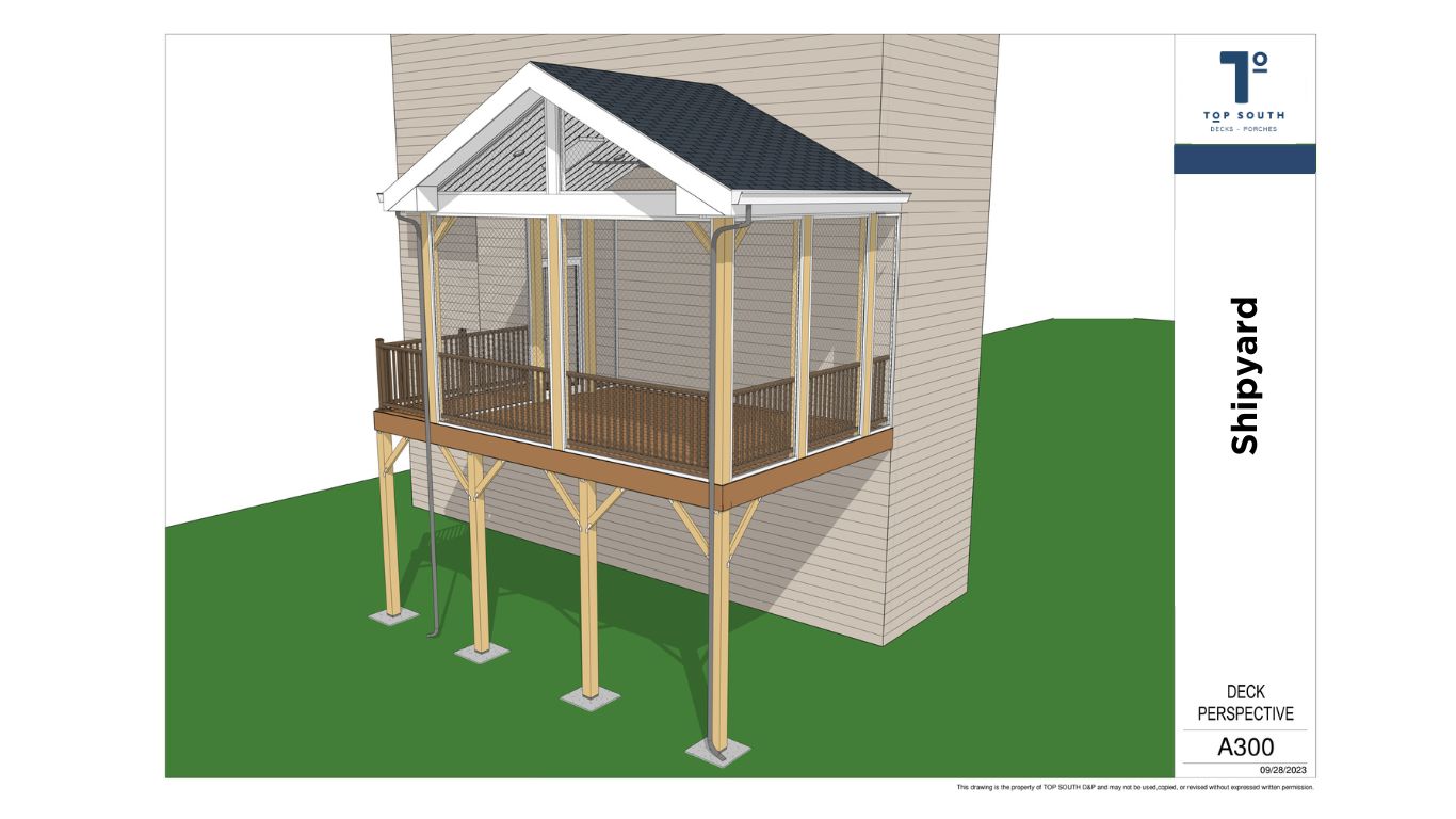 3d rendering of the elevated wood railing and deck on the lawn