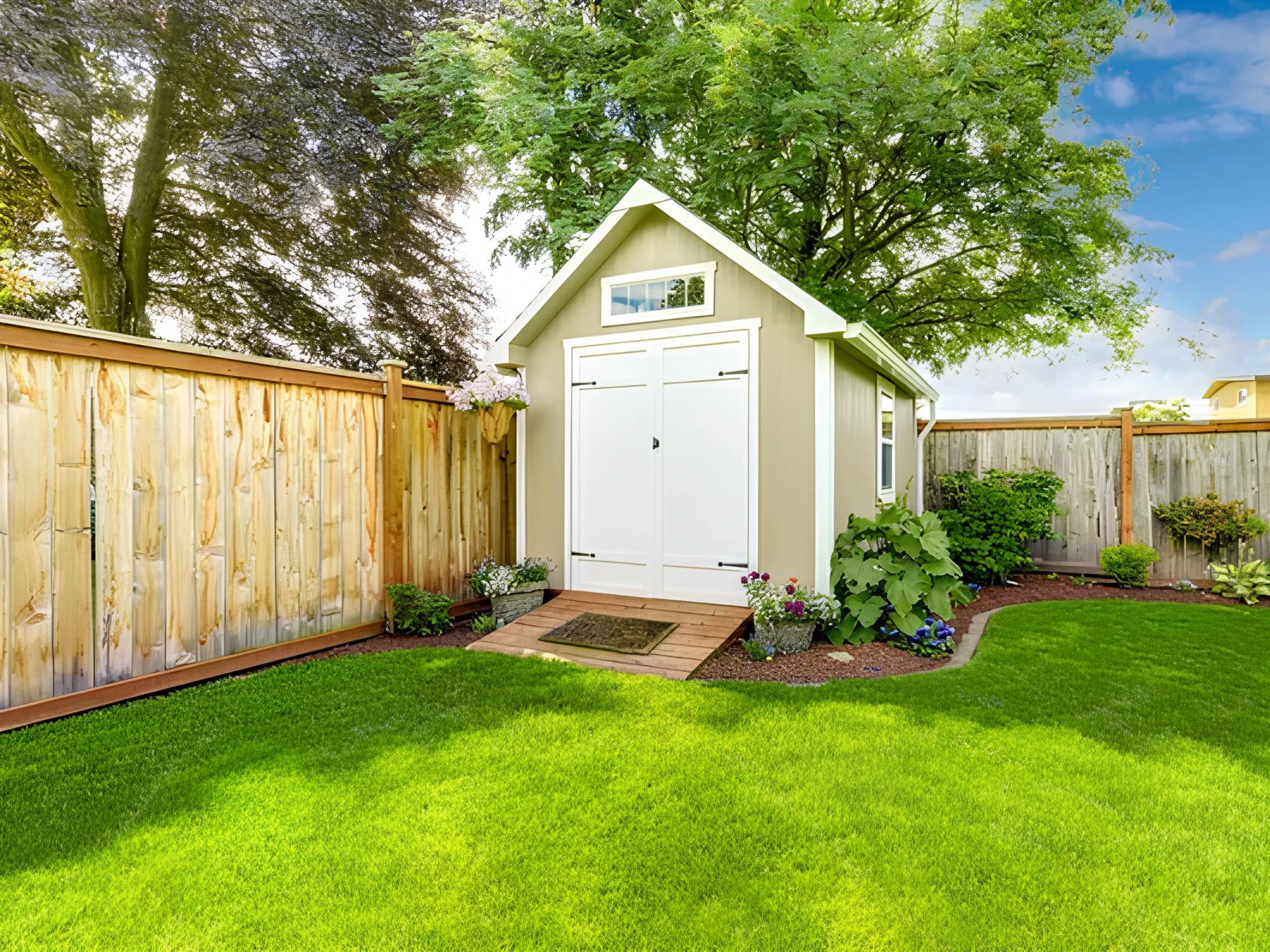 Fenced backyard with small shed and white door on it