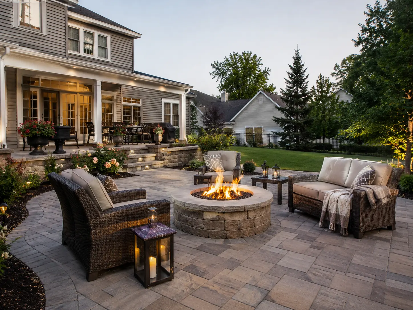 Night setting of the outdoor living fire pit with lawn and trees view